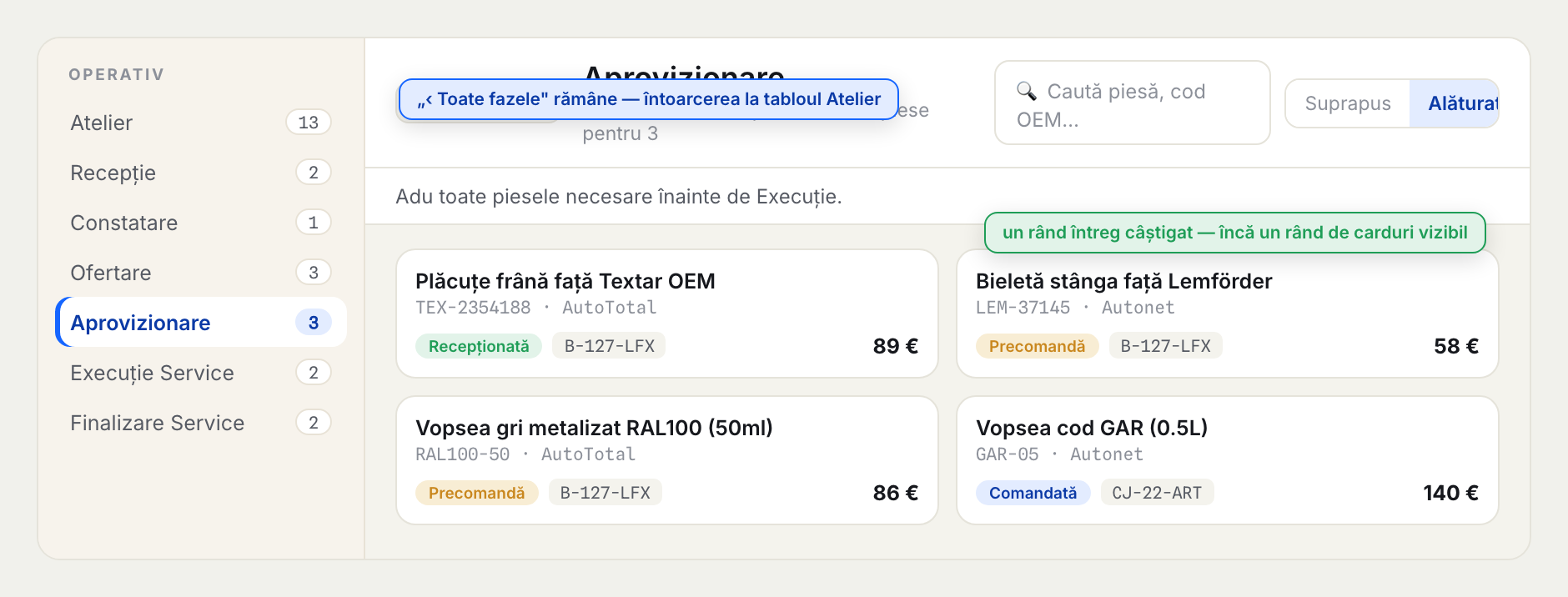 Opțiunea A: antet fără bara de lentile — breadcrumb Toate fazele + titlu + contor; un rând de carduri în plus vizibil