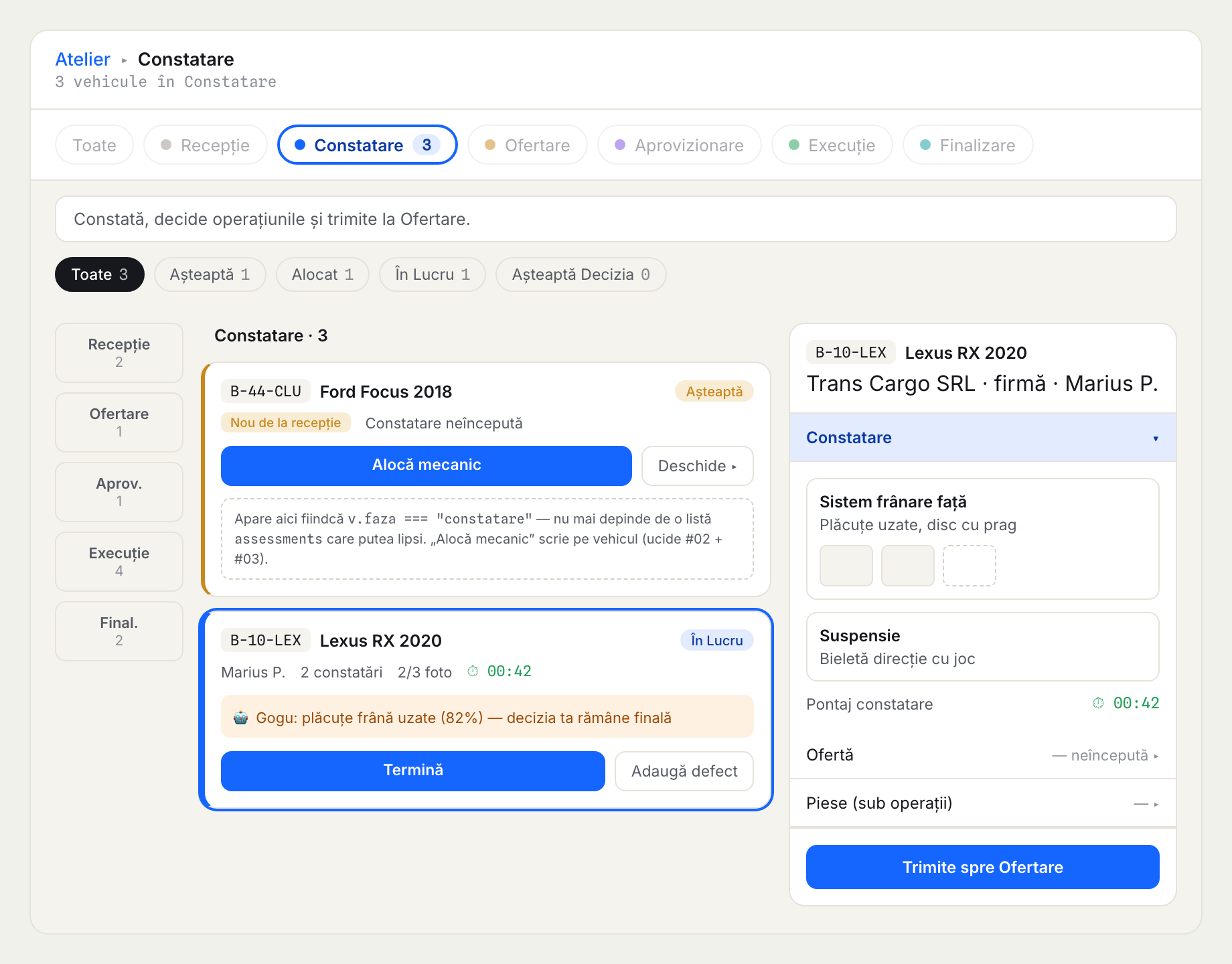 Lentilă Constatare: breadcrumb Atelier ▸ Constatare, sub-stări, mașina nouă de la recepție cu Constatare neîncepută și Alocă mecanic, panou de dosar